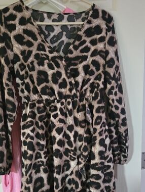 Leopard Print V-Neck Wrap Dress - Black & Taupe